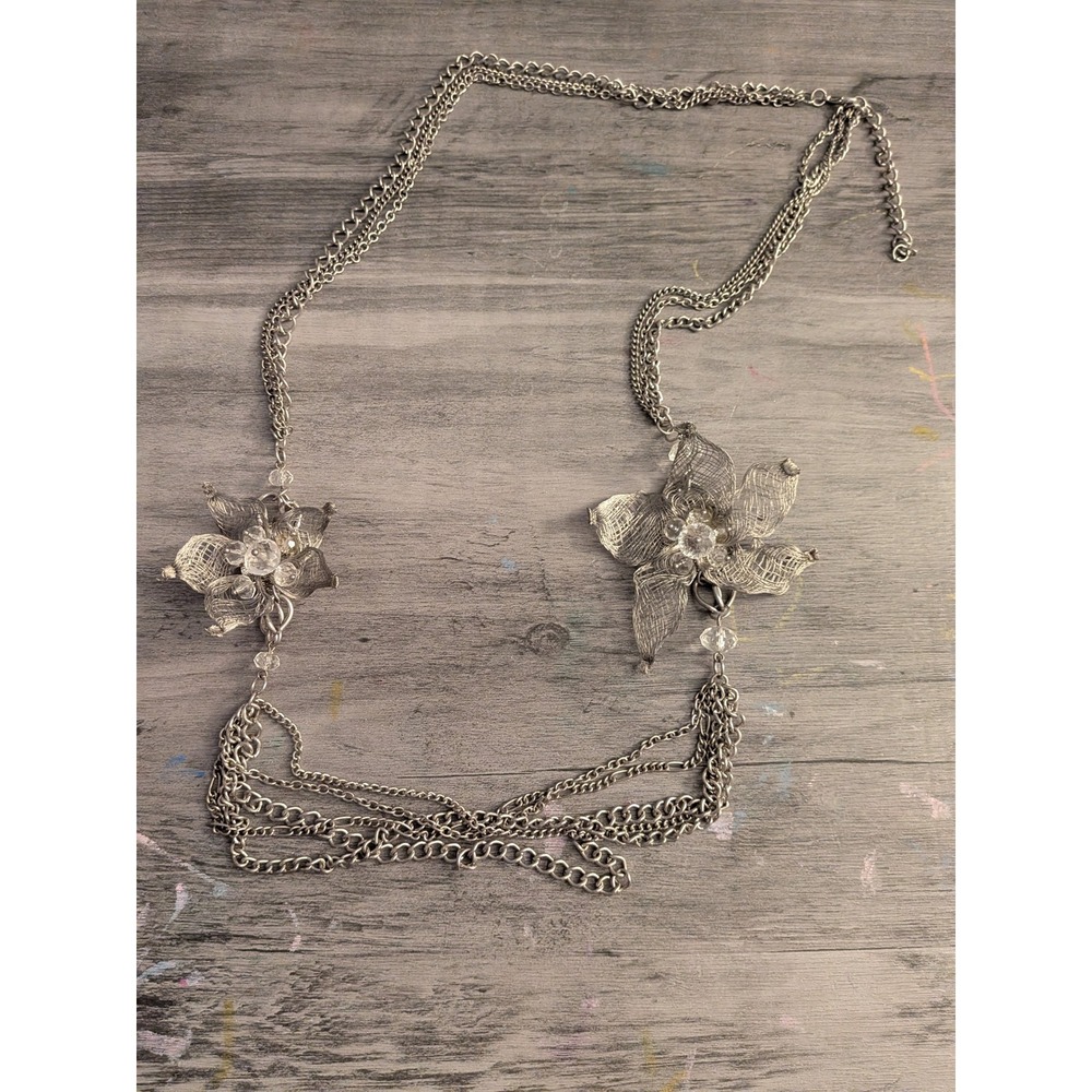 Silver Multi Strand Chain Necklace Wire Mesh Flowers Crystal Accent 40 Inch Boho